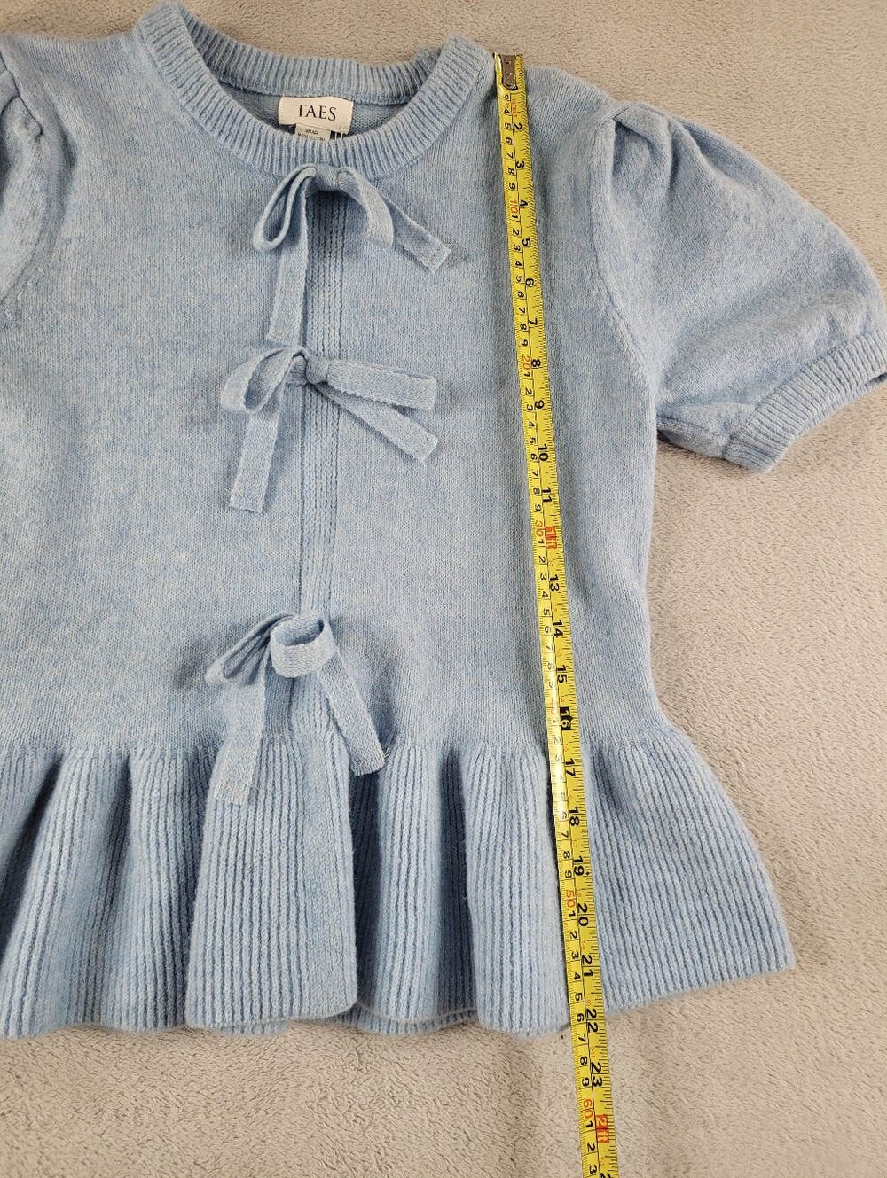 TAES Blue Knit Bow Front Peplum Top Puff Sleeve Sweater - Picture 4 of 11
